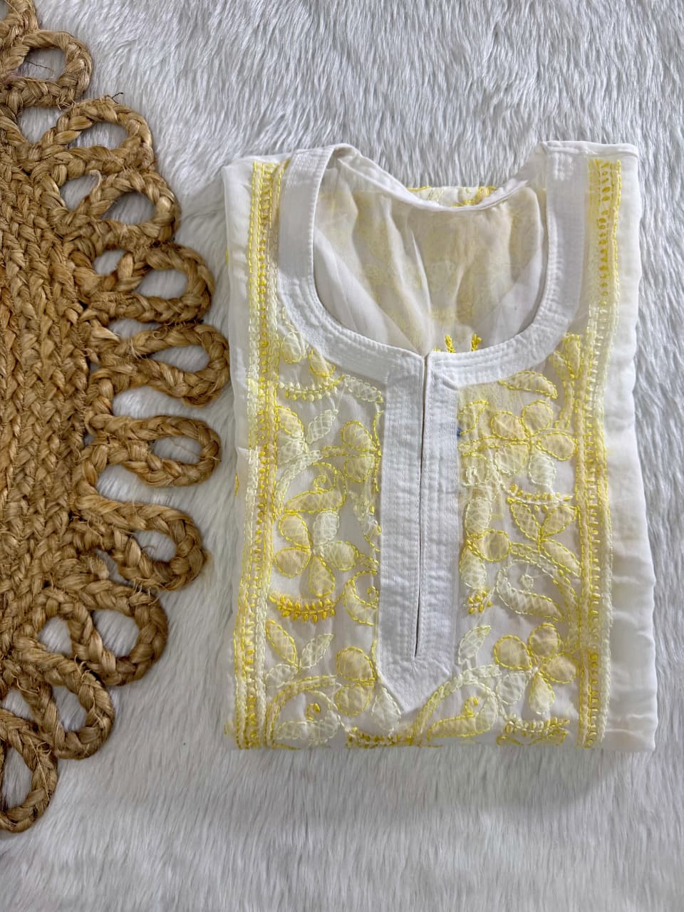 Vintage Premium Georgette Lakhnavi Chikankari Long Kurti | Dual Shade Resham Shadow Work (Bakhiya) | Free Inner