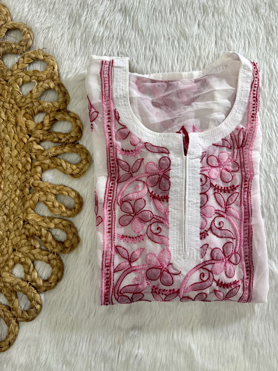 Vintage Premium Georgette Lakhnavi Chikankari Long Kurti | Dual Shade Resham Shadow Work (Bakhiya) | Free Inner
