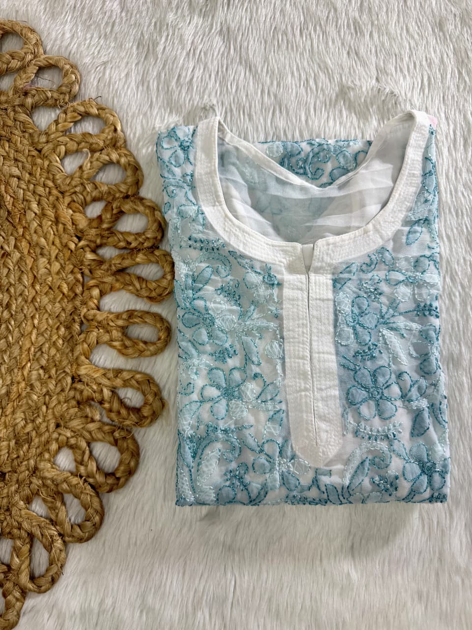 Vintage Premium Georgette Lakhnavi Chikankari Long Kurti | Dual Shade Resham Shadow Work (Bakhiya) | Free Inner
