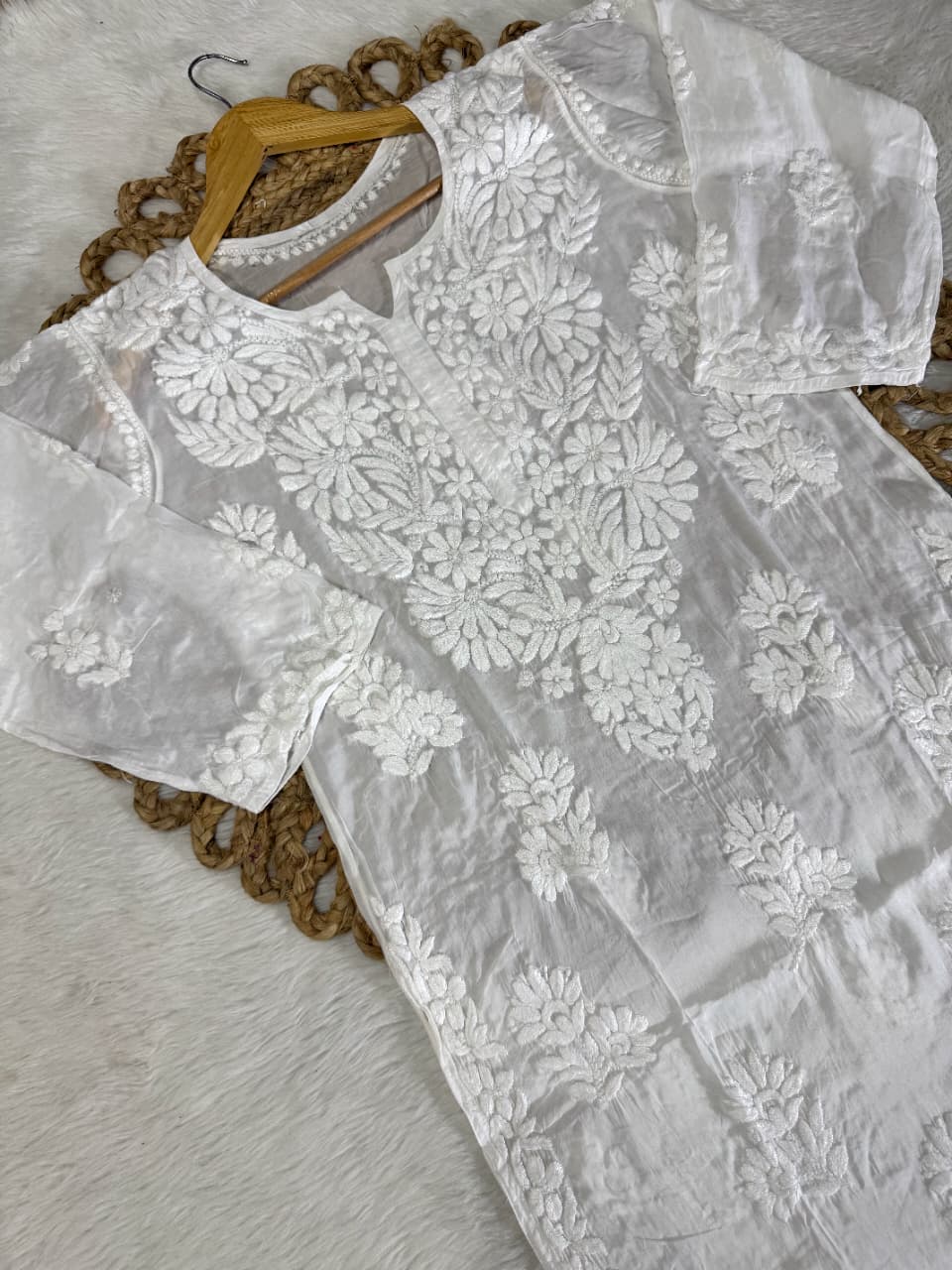 Premium Pure Muslin Chikankari Kurti and Palazzo Set with intricate fine Hand Embroidery