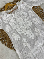 Premium Pure Muslin Chikankari Kurti and Palazzo Set with intricate fine Hand Embroidery