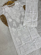 Premium Pure Muslin Chikankari Kurti and Palazzo Set with intricate fine Hand Embroidery