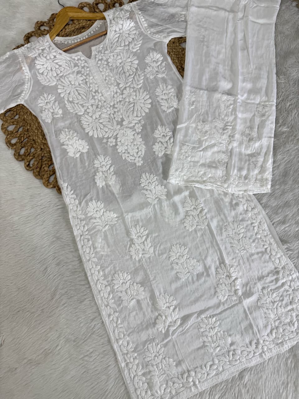 Premium Pure Muslin Chikankari Kurti and Palazzo Set with intricate fine Hand Embroidery