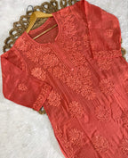 Pure Muslin Chikankari Kurti Handmade Lucknowi Heavy Work with fine threads Tone to tone