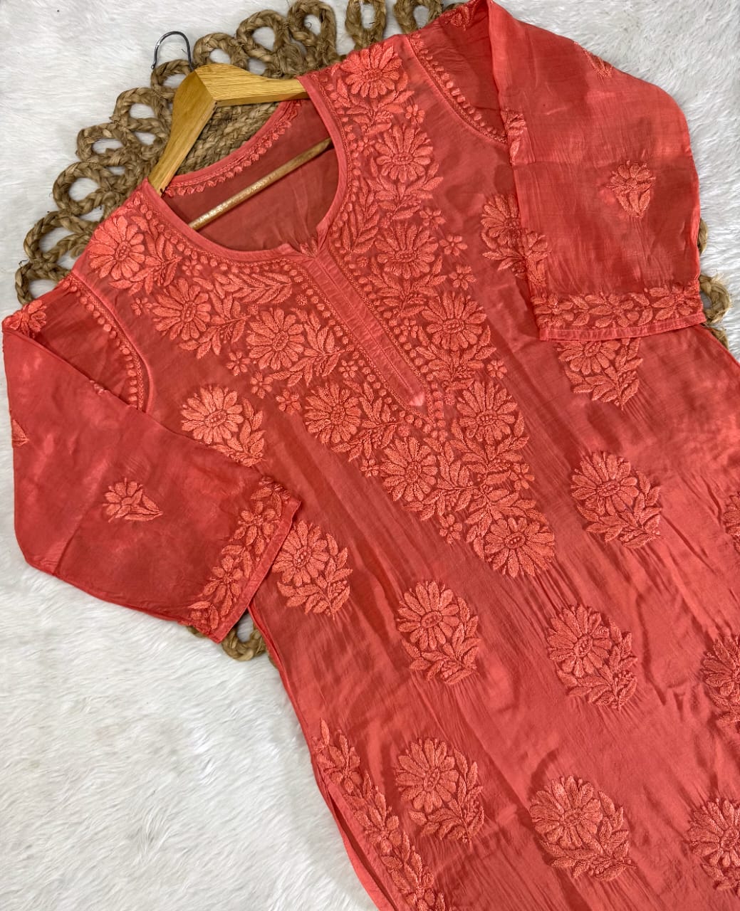 Pure Muslin Chikankari Kurti Handmade Lucknowi Heavy Work with fine threads Tone to tone