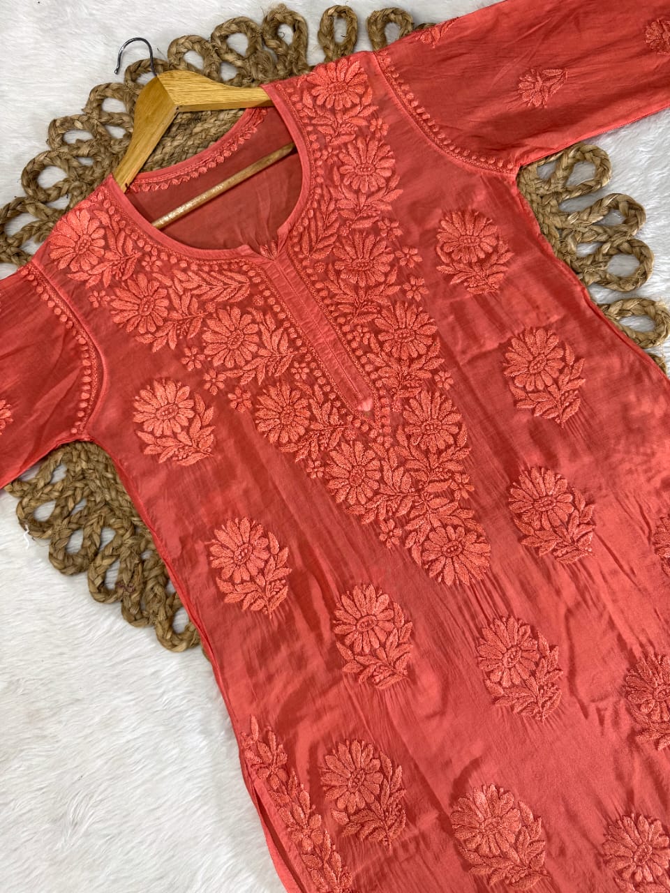 Pure Muslin Chikankari Kurti Handmade Lucknowi Heavy Work with fine threads Tone to tone