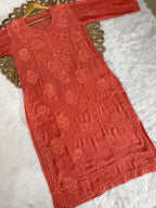 Pure Muslin Chikankari Kurti Handmade Lucknowi Heavy Work with fine threads Tone to tone