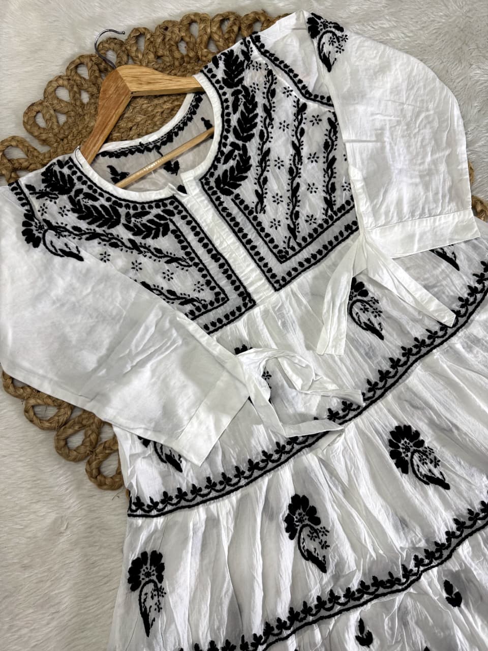 Nazakat White Lakhnavi Chikankari Tiered Frock | 3-Layered Cotton Short Gown with Colour Thread Embroidery