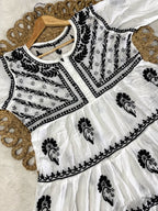 Nazakat White Lakhnavi Chikankari Tiered Frock | 3-Layered Cotton Short Gown with Colour Thread Embroidery