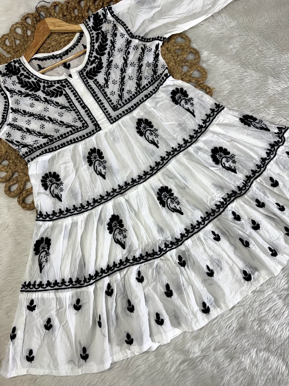 Nazakat White Lakhnavi Chikankari Tiered Frock | 3-Layered Cotton Short Gown with Colour Thread Embroidery