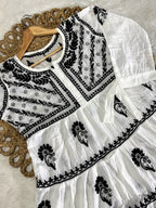 Nazakat White Lakhnavi Chikankari Tiered Frock | 3-Layered Cotton Short Gown with Colour Thread Embroidery