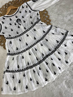 Nazakat White Lakhnavi Chikankari Tiered Frock | 3-Layered Cotton Short Gown with Colour Thread Embroidery
