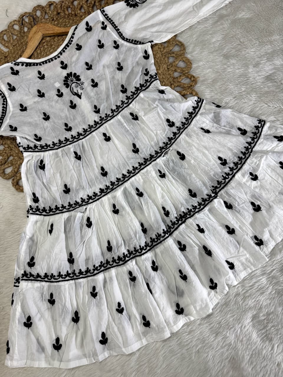 Nazakat White Lakhnavi Chikankari Tiered Frock | 3-Layered Cotton Short Gown with Colour Thread Embroidery
