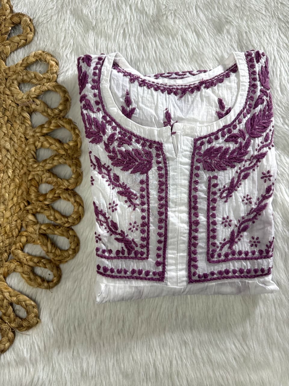 Nazakat White Lakhnavi Chikankari Tiered Frock | 3-Layered Cotton Short Gown with Colour Thread Embroidery