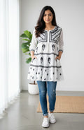 Nazakat White Lakhnavi Chikankari Tiered Frock | 3-Layered Cotton Short Gown with Colour Thread Embroidery