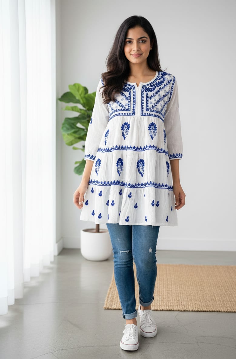 Nazakat White Lakhnavi Chikankari Tiered Frock | 3-Layered Cotton Short Gown with Colour Thread Embroidery