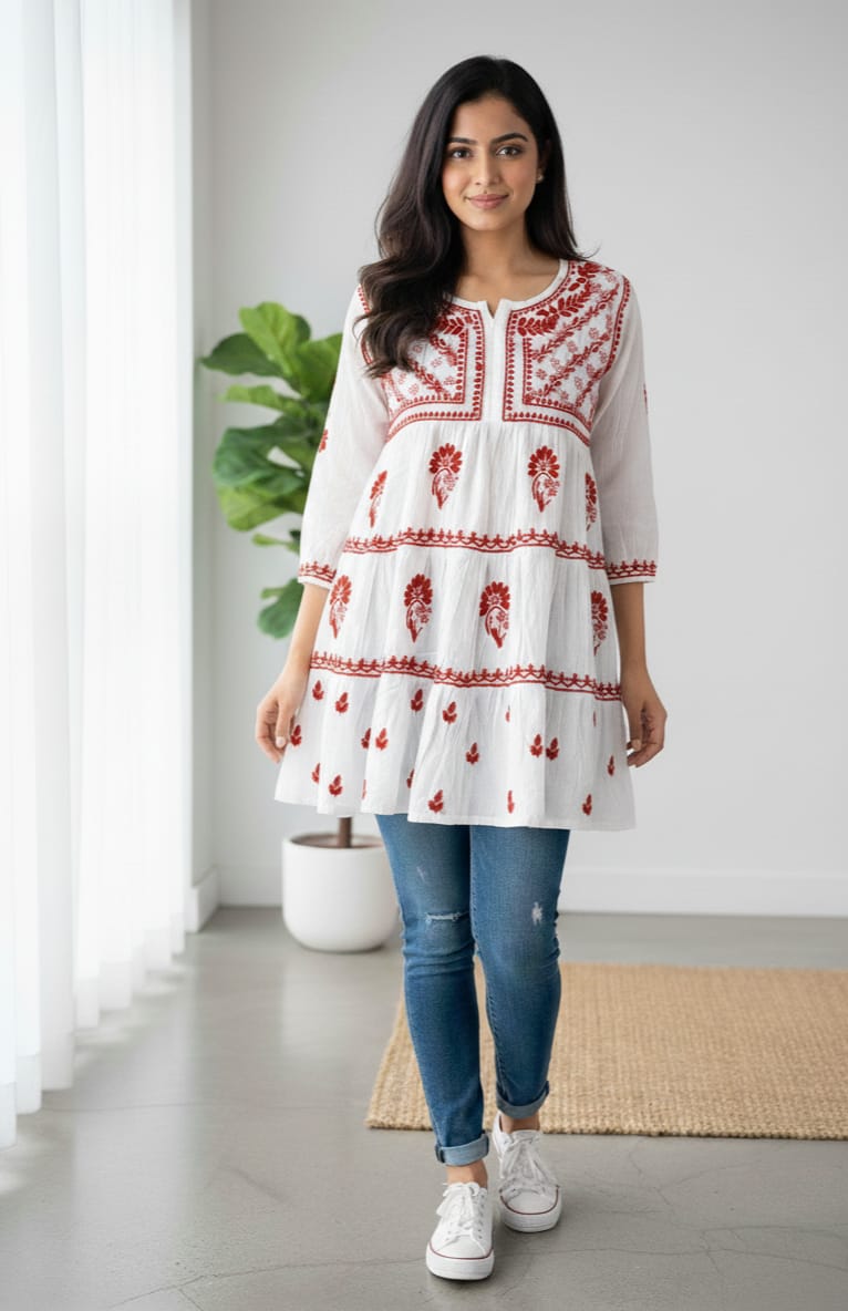 Nazakat White Lakhnavi Chikankari Tiered Frock | 3-Layered Cotton Short Gown with Colour Thread Embroidery