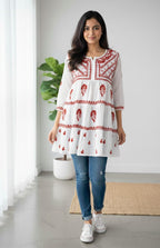 Nazakat White Lakhnavi Chikankari Tiered Frock | 3-Layered Cotton Short Gown with Colour Thread Embroidery
