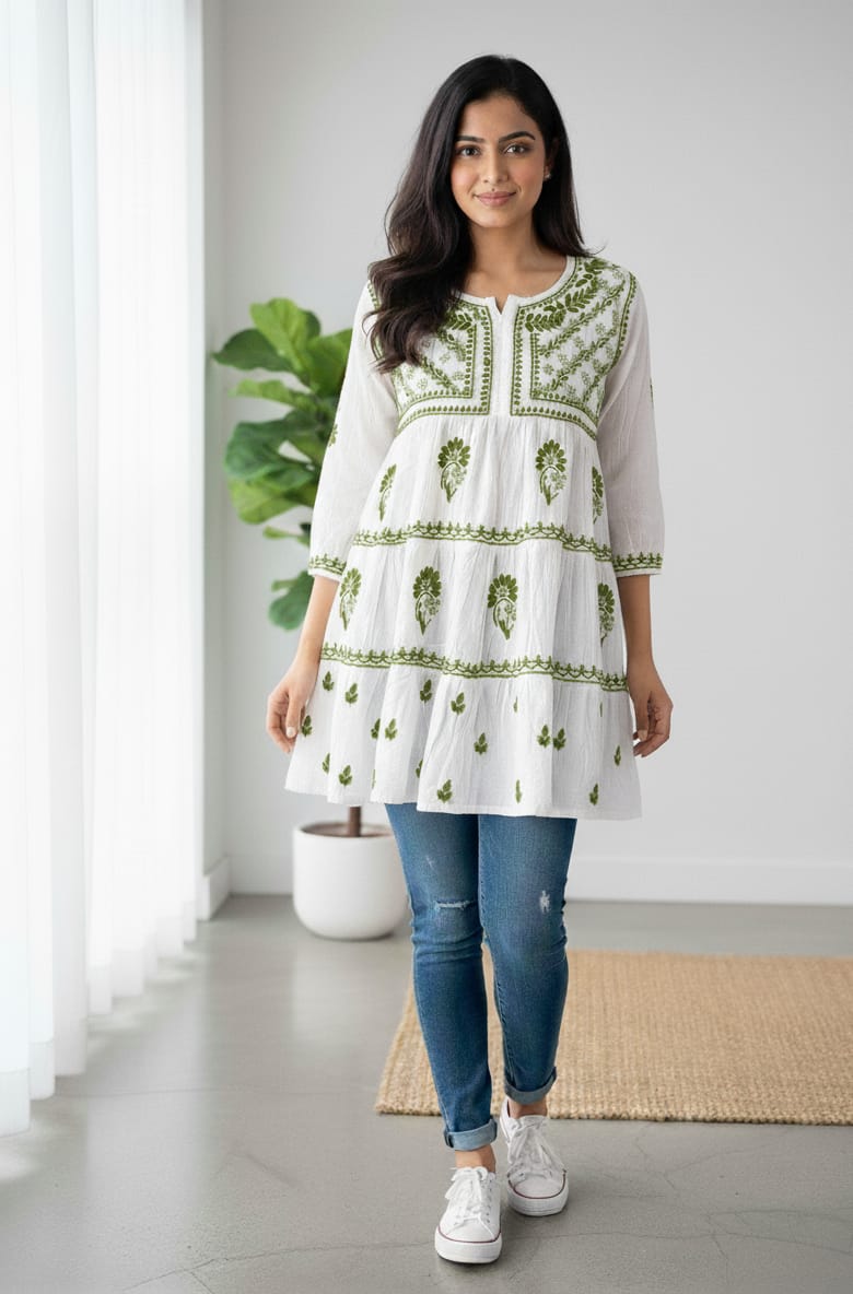 Nazakat White Lakhnavi Chikankari Tiered Frock | 3-Layered Cotton Short Gown with Colour Thread Embroidery