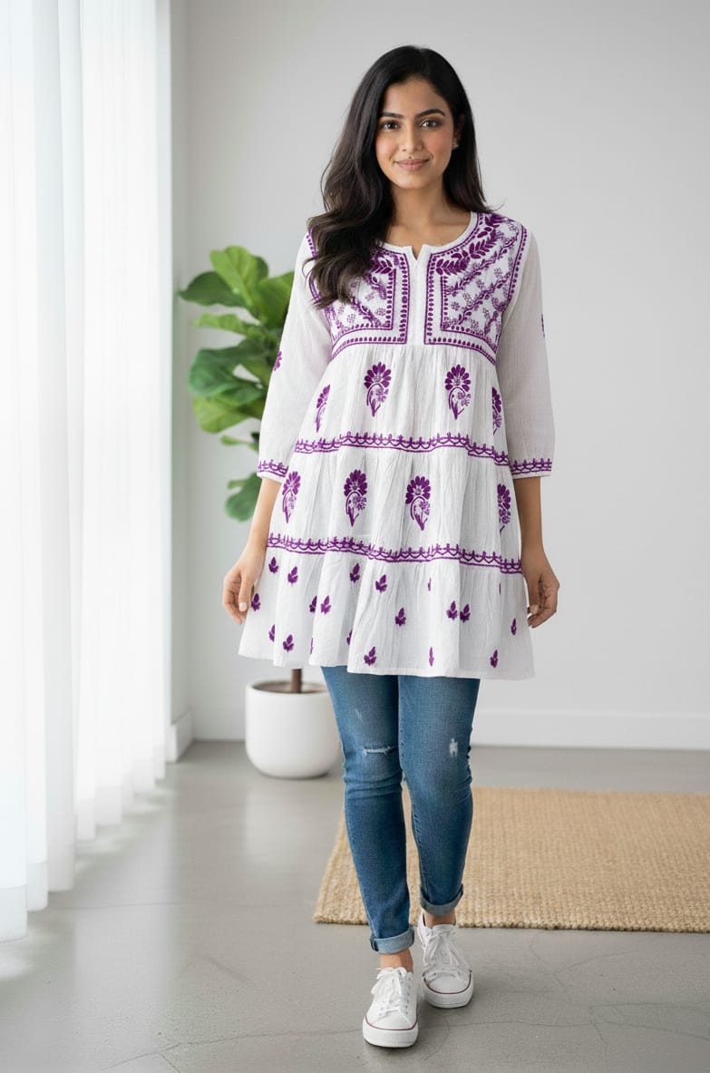 Nazakat White Lakhnavi Chikankari Tiered Frock | 3-Layered Cotton Short Gown with Colour Thread Embroidery