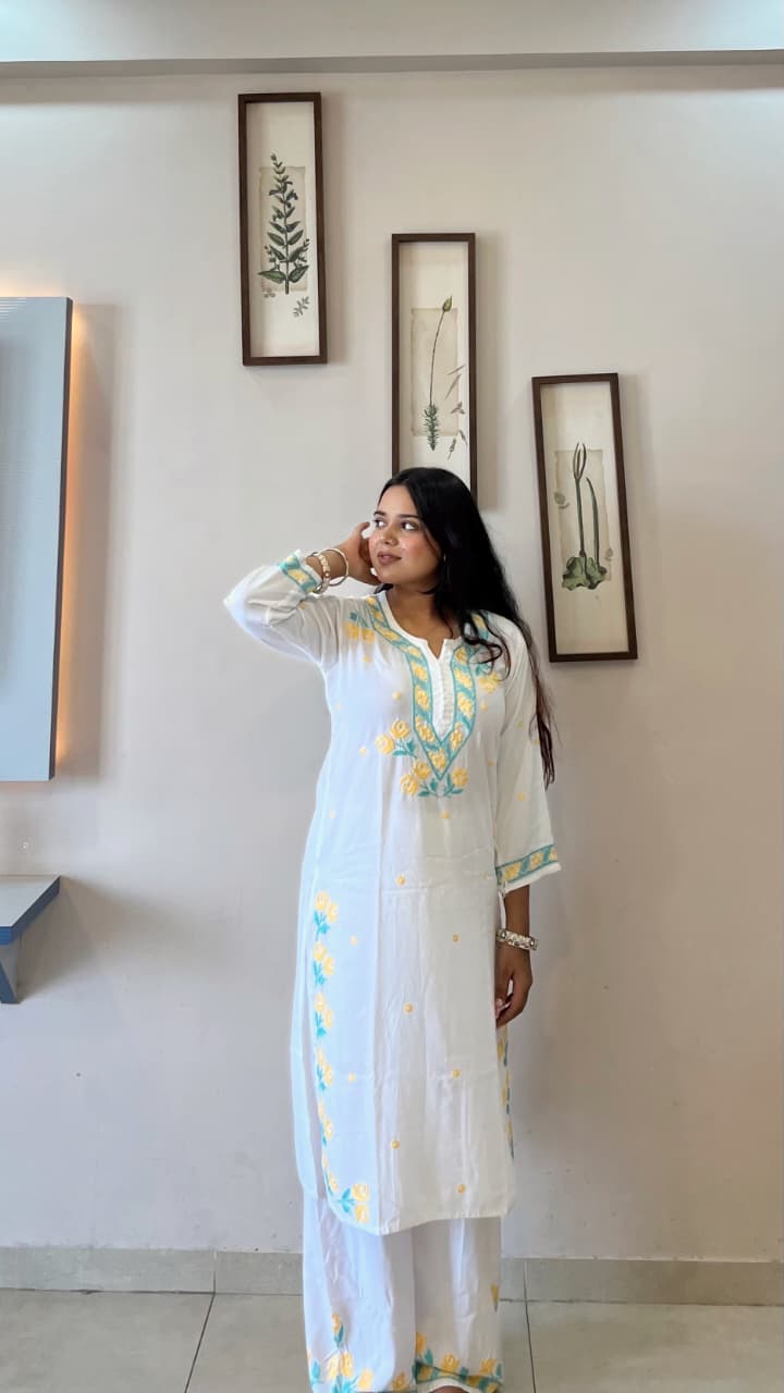 Gulmina Designer Multicolour Fine Chikankari Kurti and Palazzo Set on Rayon Fabric