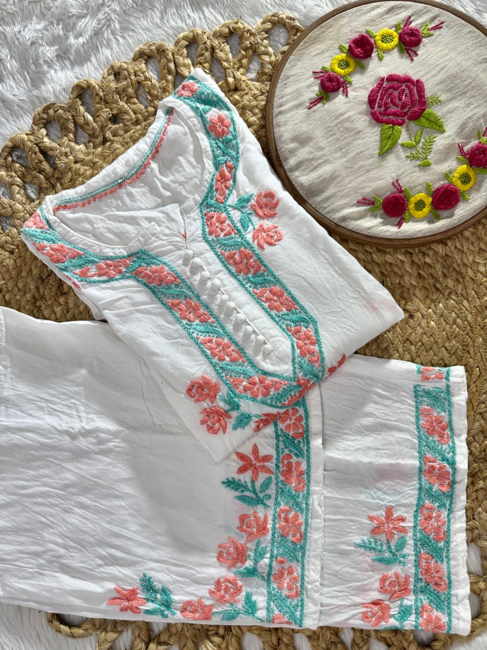 Gulmina Designer Multicolour Fine Chikankari Kurti and Palazzo Set on Rayon Fabric