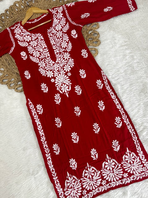 Azrah Vintage Chikankari Long Kurti On Soft Modal Fabric With Fine Hand Work
