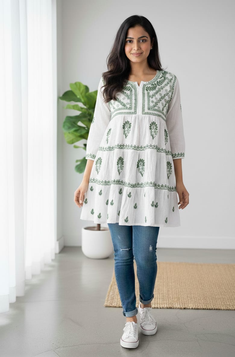 Nazakat White Lakhnavi Chikankari Tiered Frock | 3-Layered Cotton Short Gown with Colour Thread Embroidery