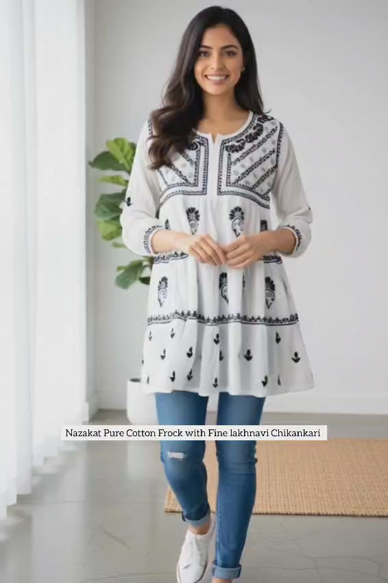 Nazakat White Lakhnavi Chikankari Tiered Frock | 3-Layered Cotton Short Gown with Colour Thread Embroidery