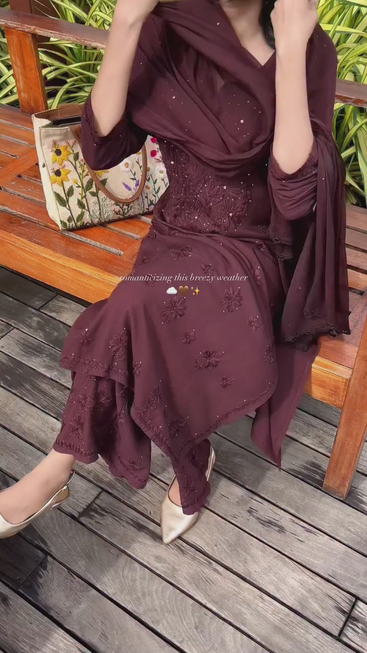 Mariah Chikankari Kurti, Dupatta and Palazzo set with Fine Handwork of Chikankari Work By Artisans of Lucknow