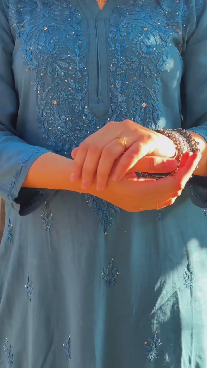 Blue Rayon Chikankari Mukaish Kurti with High Quality White Rayon Palazzo with Fine Chikankari And Mukaish Handwork