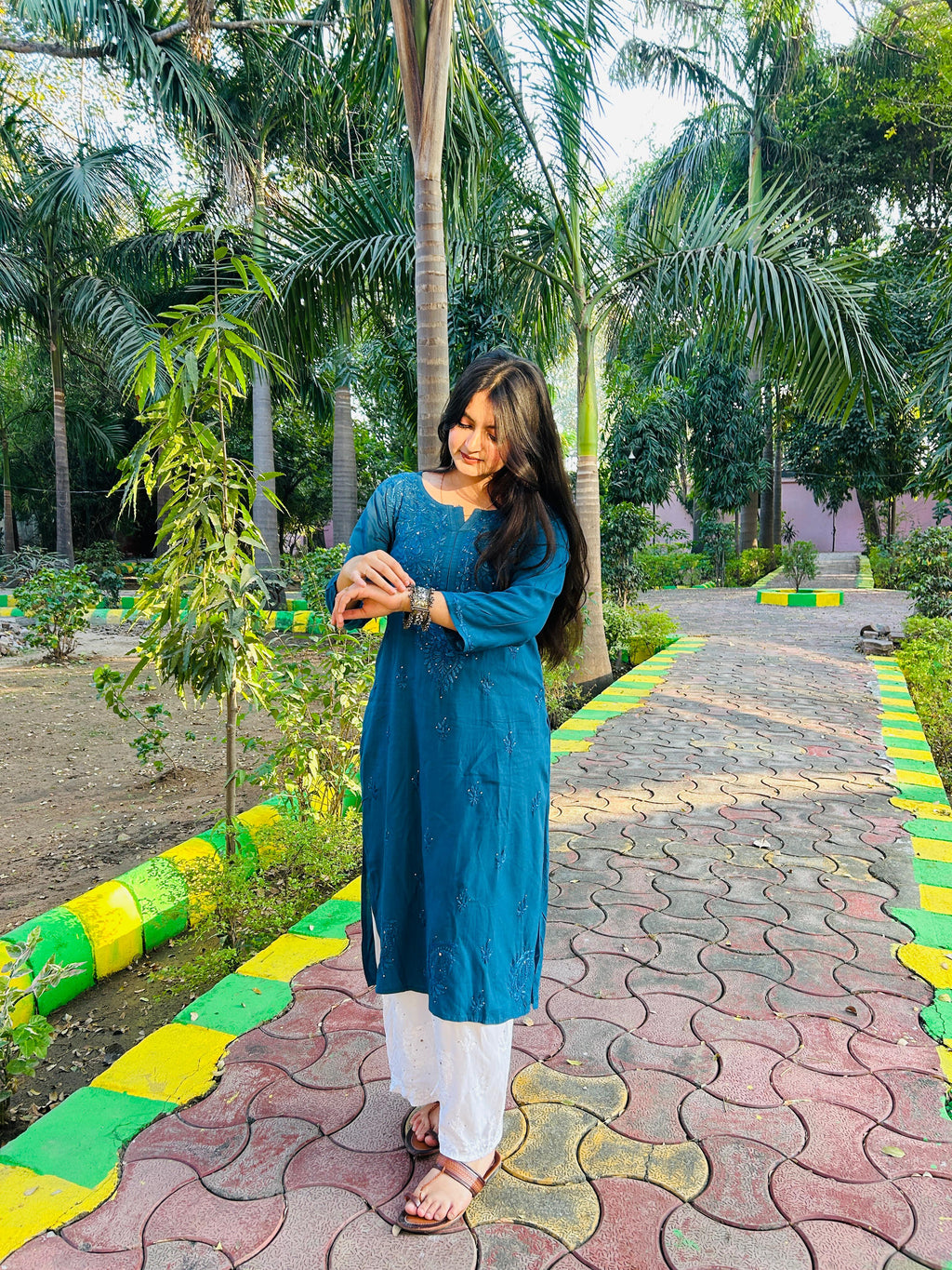 Blue Rayon Chikankari Mukaish Kurti with High Quality White Rayon Palazzo with Fine Chikankari And Mukaish Handwork