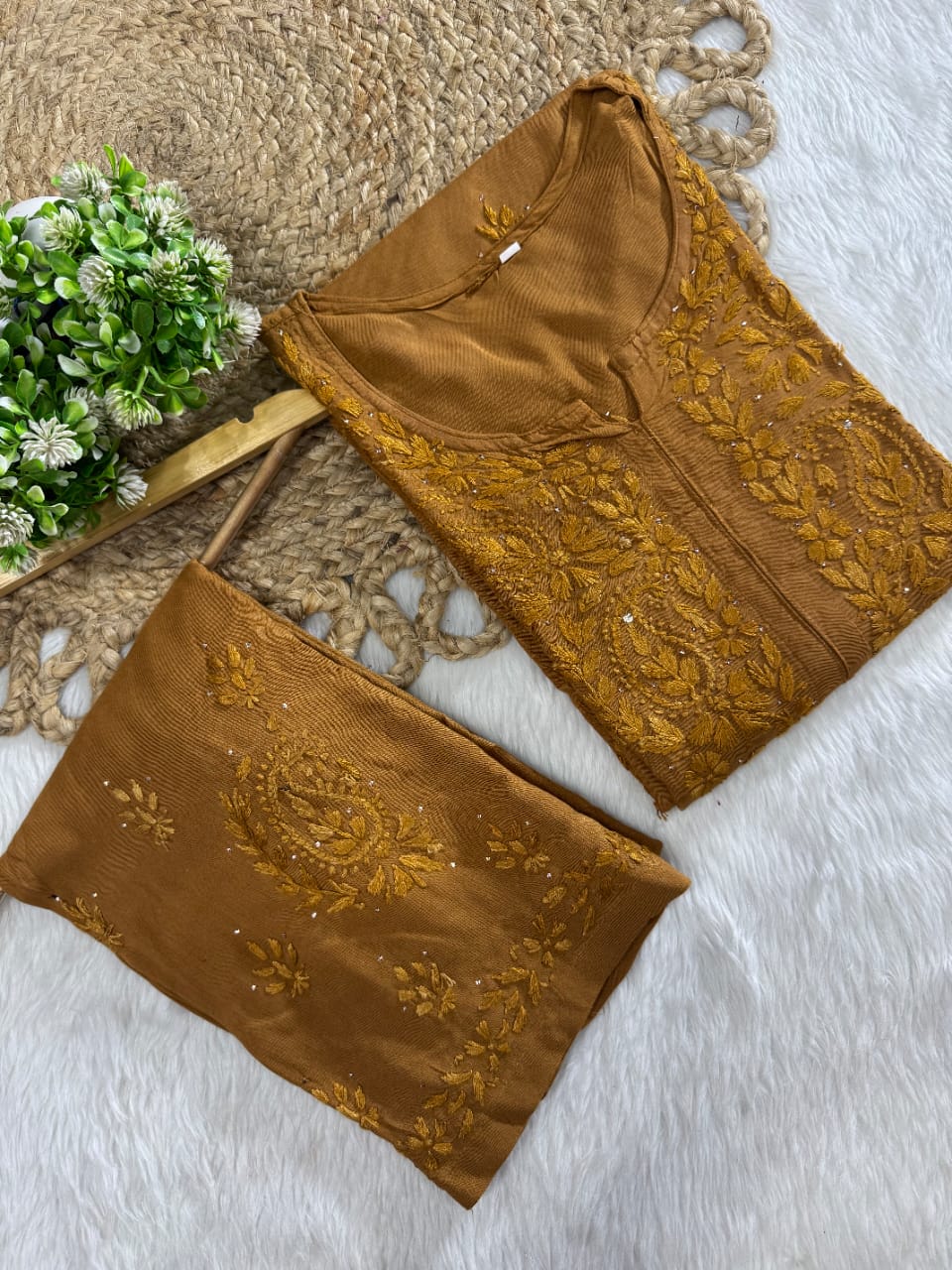 Firdaus Rayon Fabric lucknowi Chikankari mukaish Set of Kurti with Palazzo and Matching Chiffon Dupatta | Vintage Chikankari