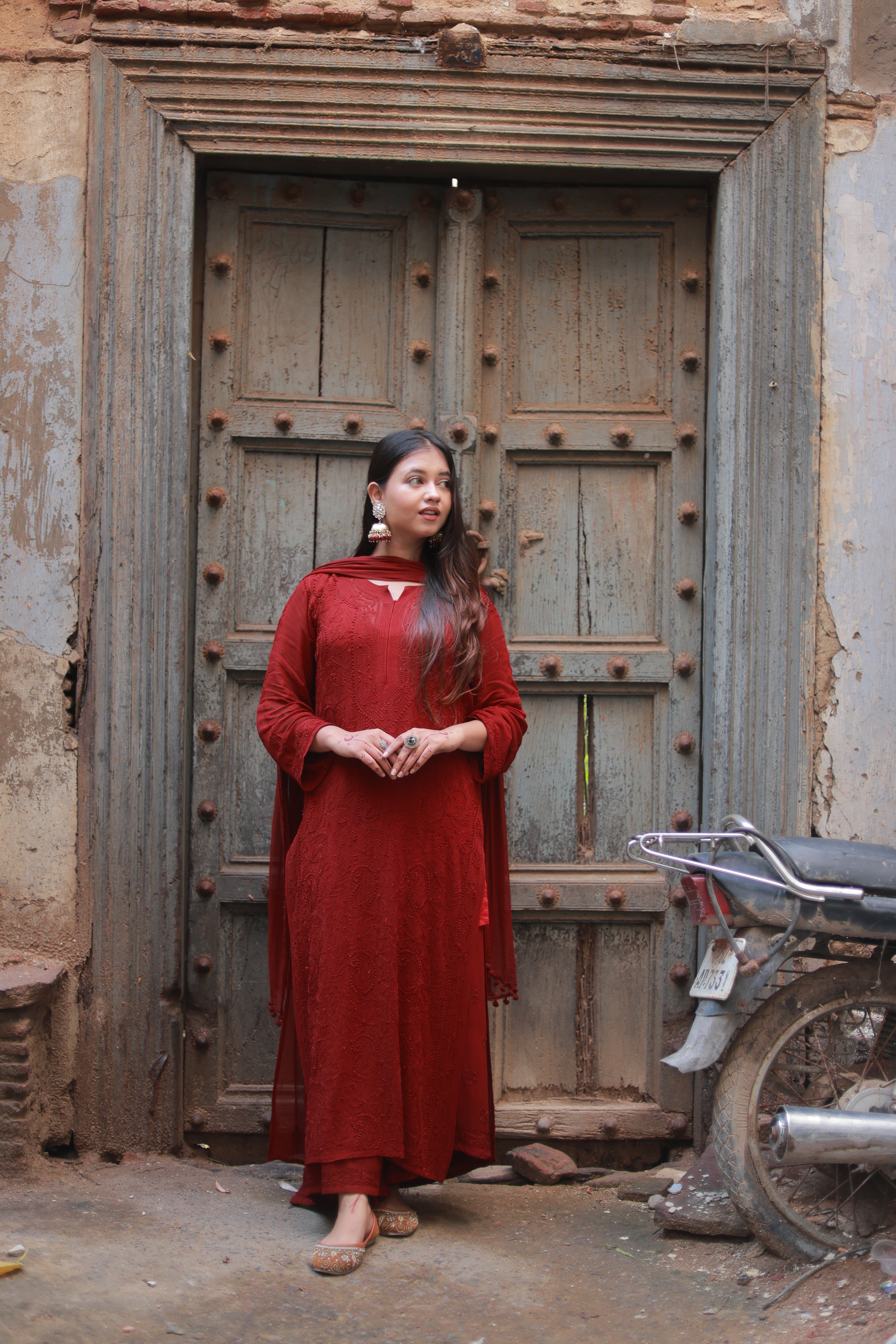 Noor Jahan Resham Viscose Jaal Chikankari Kurti Palazzo Dupatta Set