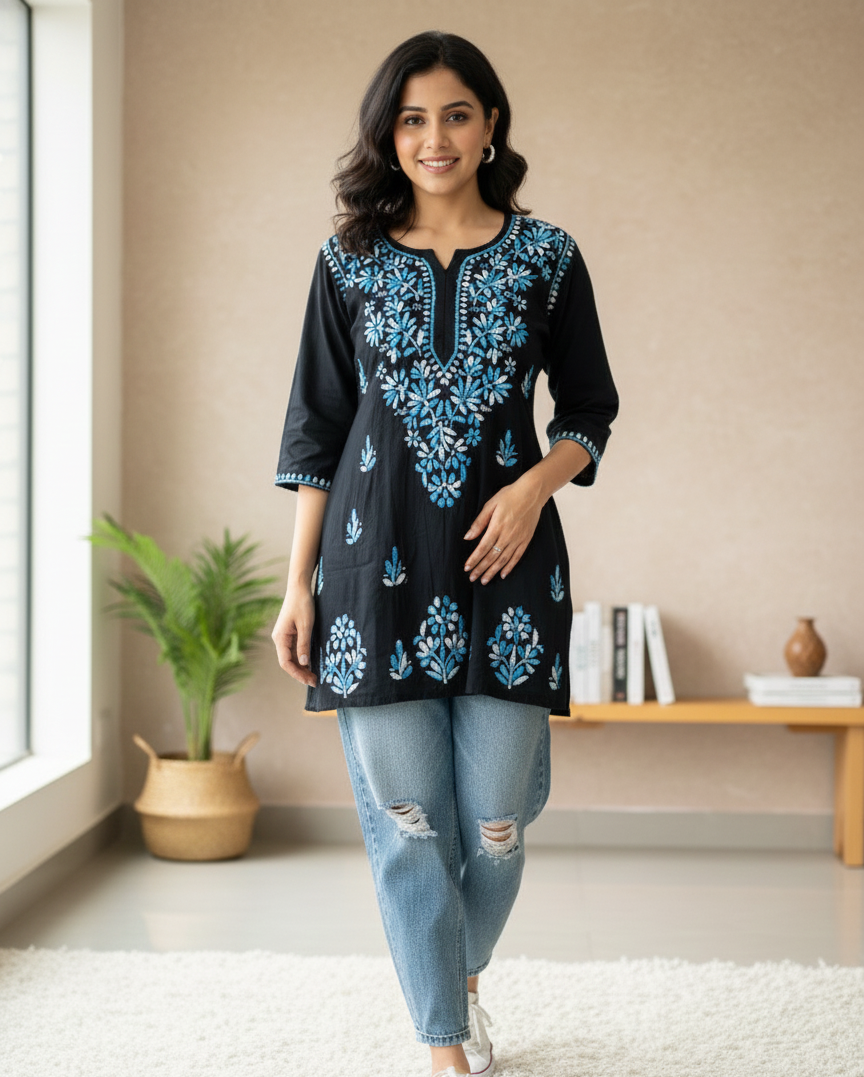 Airah Vintage Chikankari Dual Shade Handmade Lucknow Chikankari Rayon Kurti | Embroidered Top