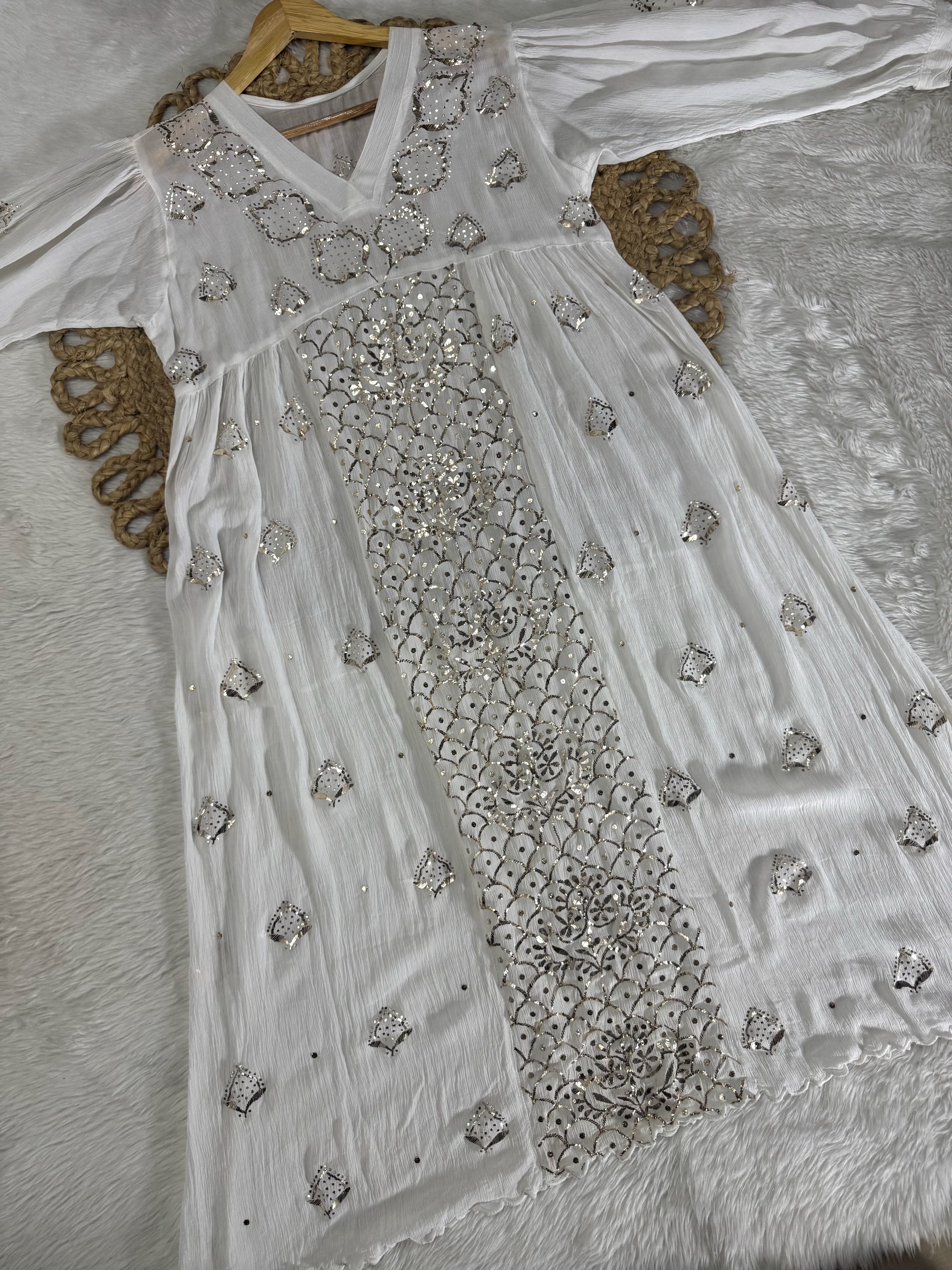 Snow White Long Frock With High Quality Mukaish Hand Crafted on Crape-Silk Fabric By Vintage Chikankari