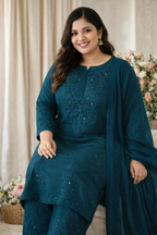 Firdaus Rayon Fabric lucknowi Chikankari mukaish Set of Kurti with Palazzo and Matching Chiffon Dupatta | Vintage Chikankari