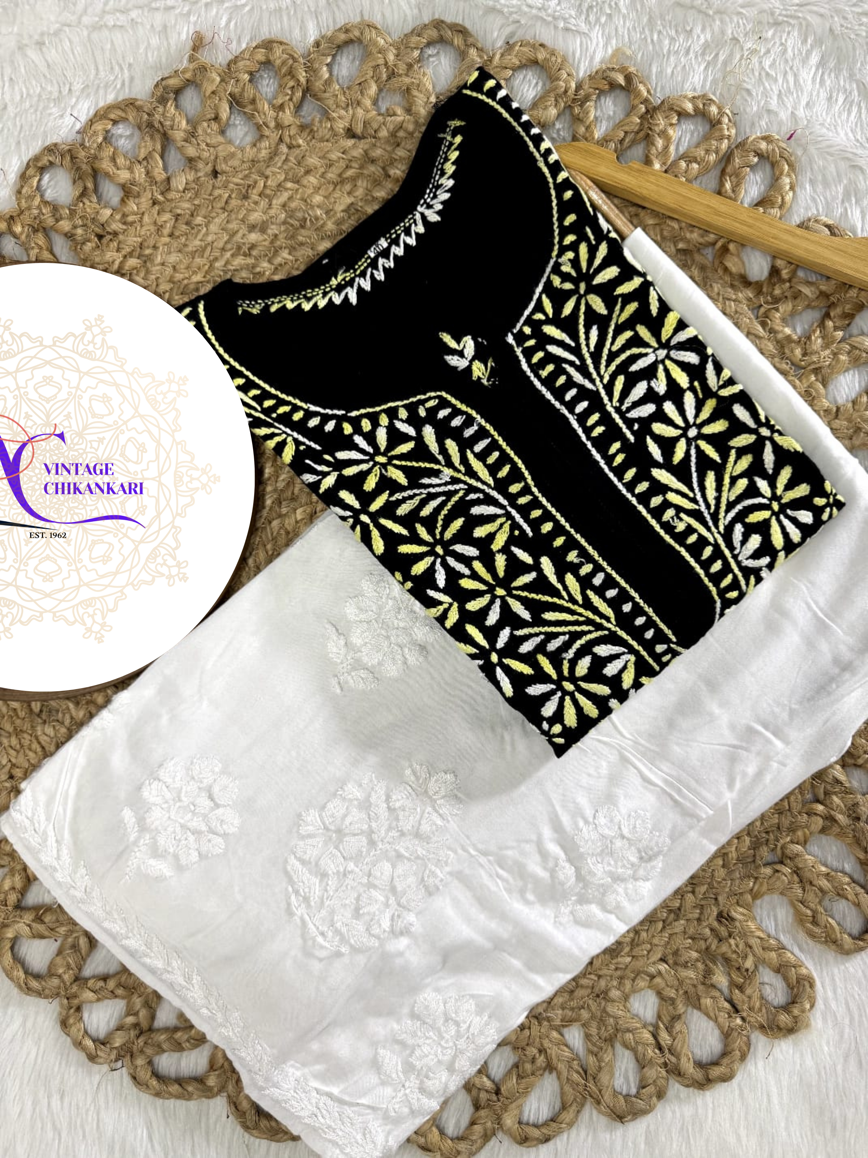 Zareen Black Rayon Chikankari Kurti Only with Dual Shade Chikankari Embroidery Designed by Vintage Chikankari