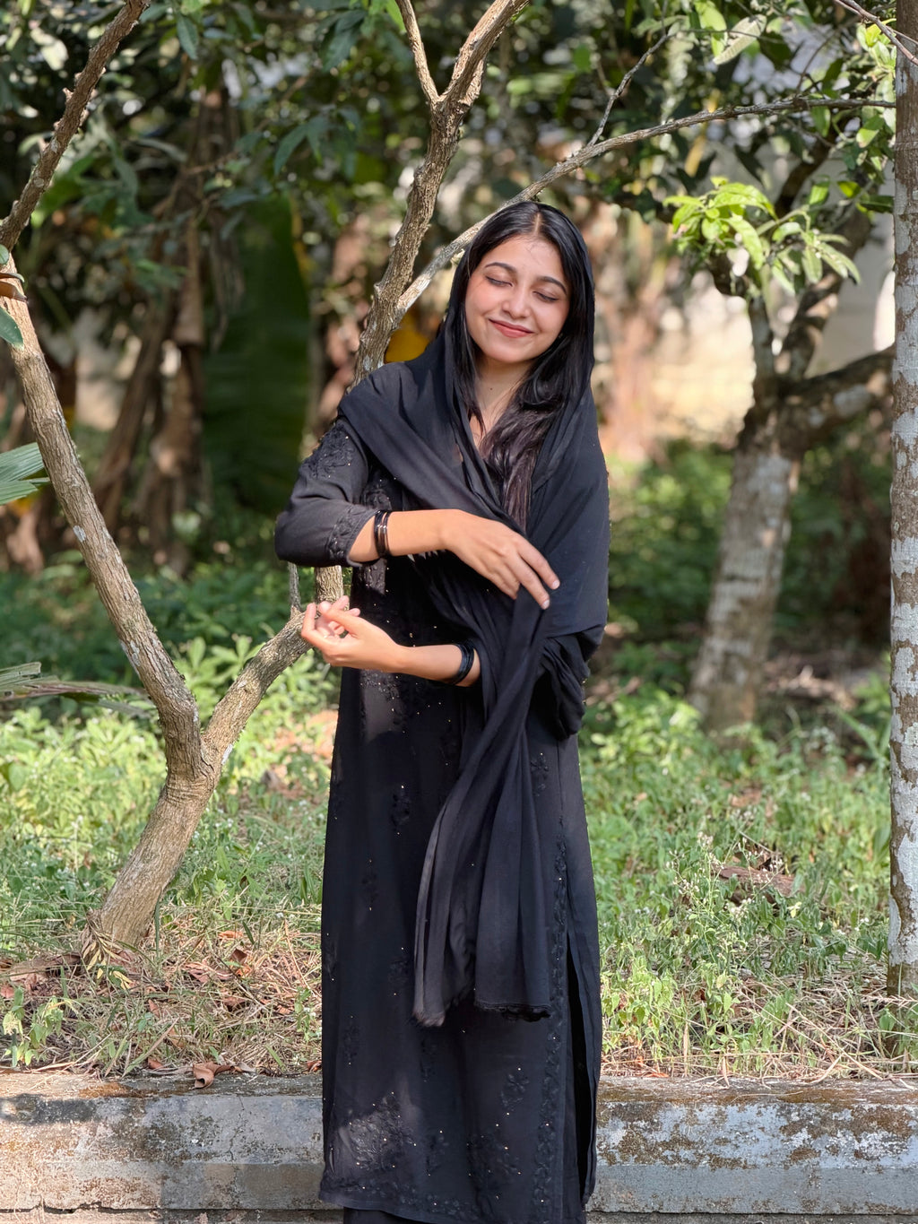 Shifana Hand Embroidered Kurti Palazzo and Dupatta set with Lucknow Chikankari and Mukaish Work