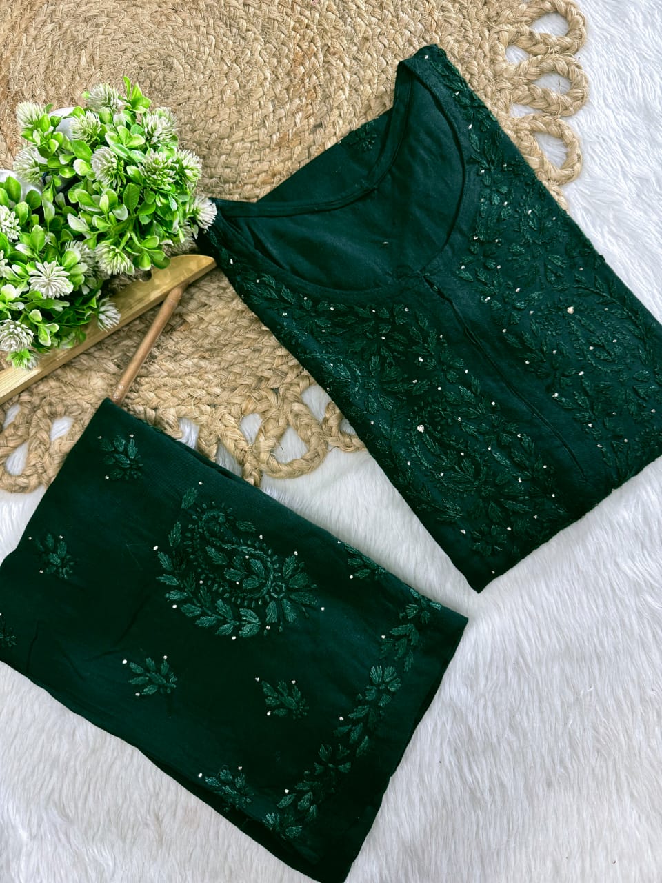 Firdaus Rayon Fabric lucknowi Chikankari mukaish Set of Kurti with Palazzo and Matching Chiffon Dupatta | Vintage Chikankari