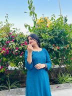 Blue Rayon Chikankari Mukaish Kurti with High Quality White Rayon Palazzo with Fine Chikankari And Mukaish Handwork