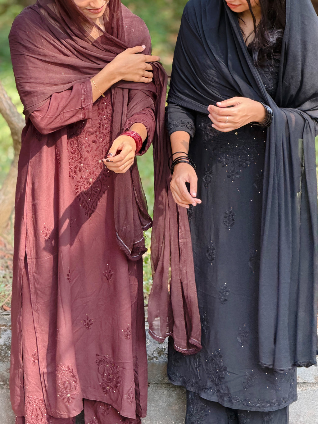 Shifana Hand Embroidered Kurti Palazzo and Dupatta set with Lucknow Chikankari and Mukaish Work