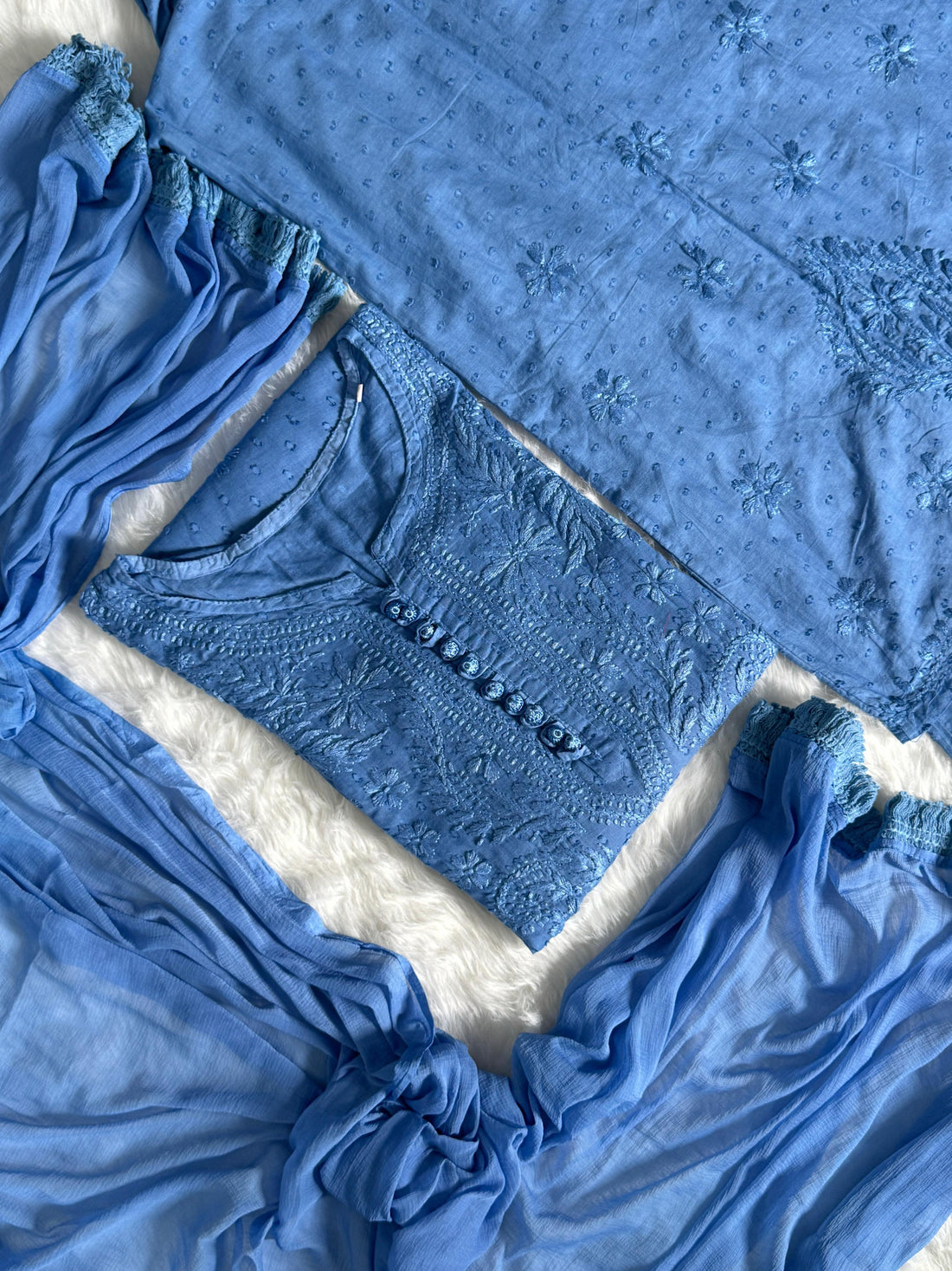 Dobby Cotton Lucknowi Chikankari Kurti Palazzo Dupatta Set with Fine Handwork Chikankari and Dobby Dots Beauty