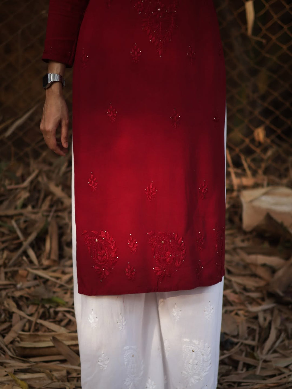 Riswana Red Rayon Chikankari Mukaish Kurti with High Quality White Rayon Palazzo with Fine Chikankari And Mukaish Handwork