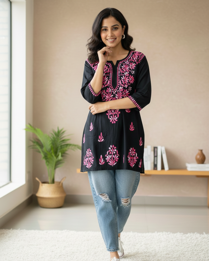 Airah Vintage Chikankari Dual Shade Handmade Lucknow Chikankari Rayon Kurti | Embroidered Top