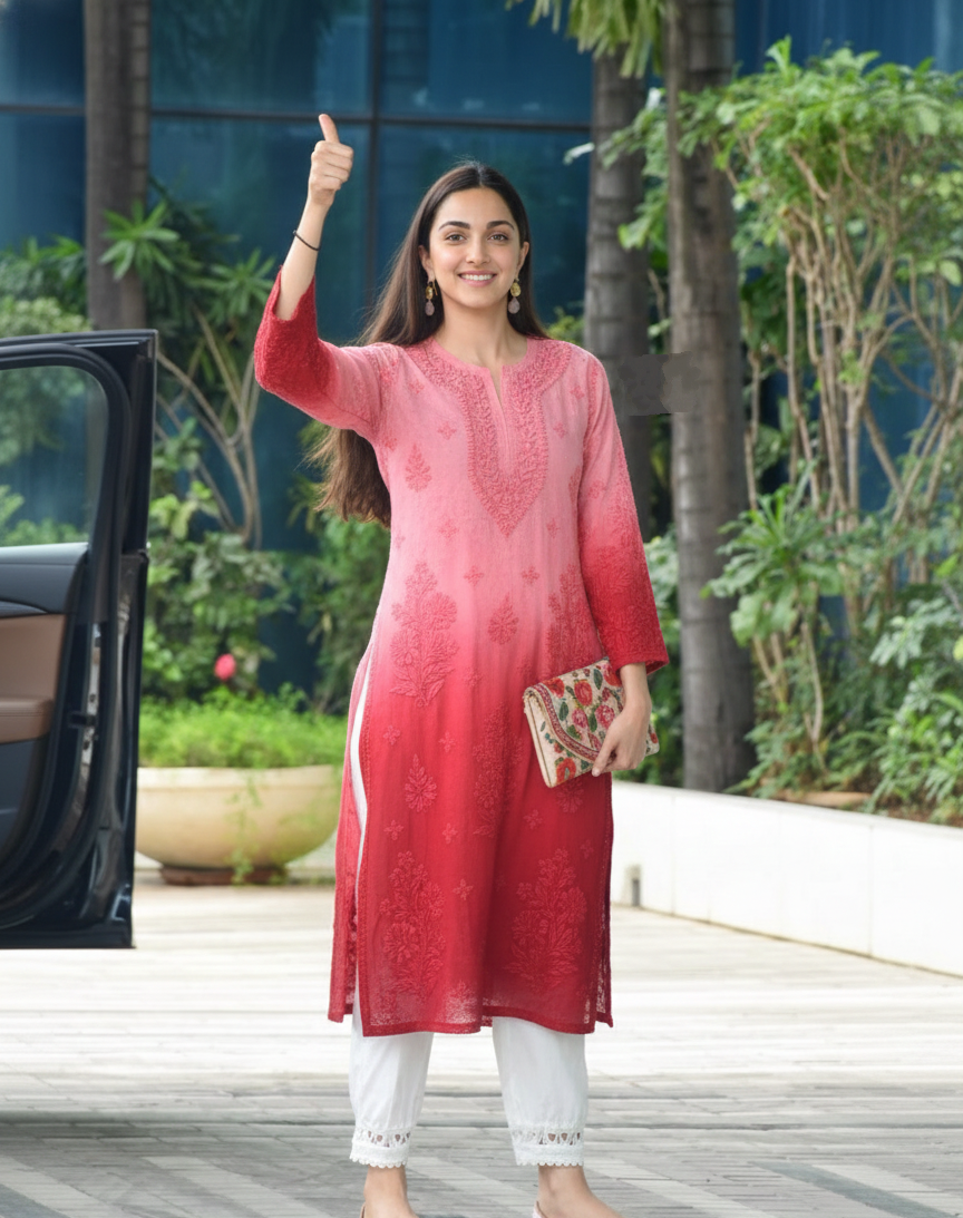 Kiara Advani Chinnon Viscose Chikankari Kurti ONLY | 3D Fine Hand Embroidery | Handcrafted in Lucknow