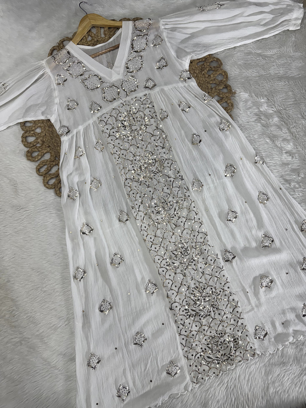 Snow White Long Frock With High Quality Mukaish Hand Crafted on Crape-Silk Fabric By Vintage Chikankari