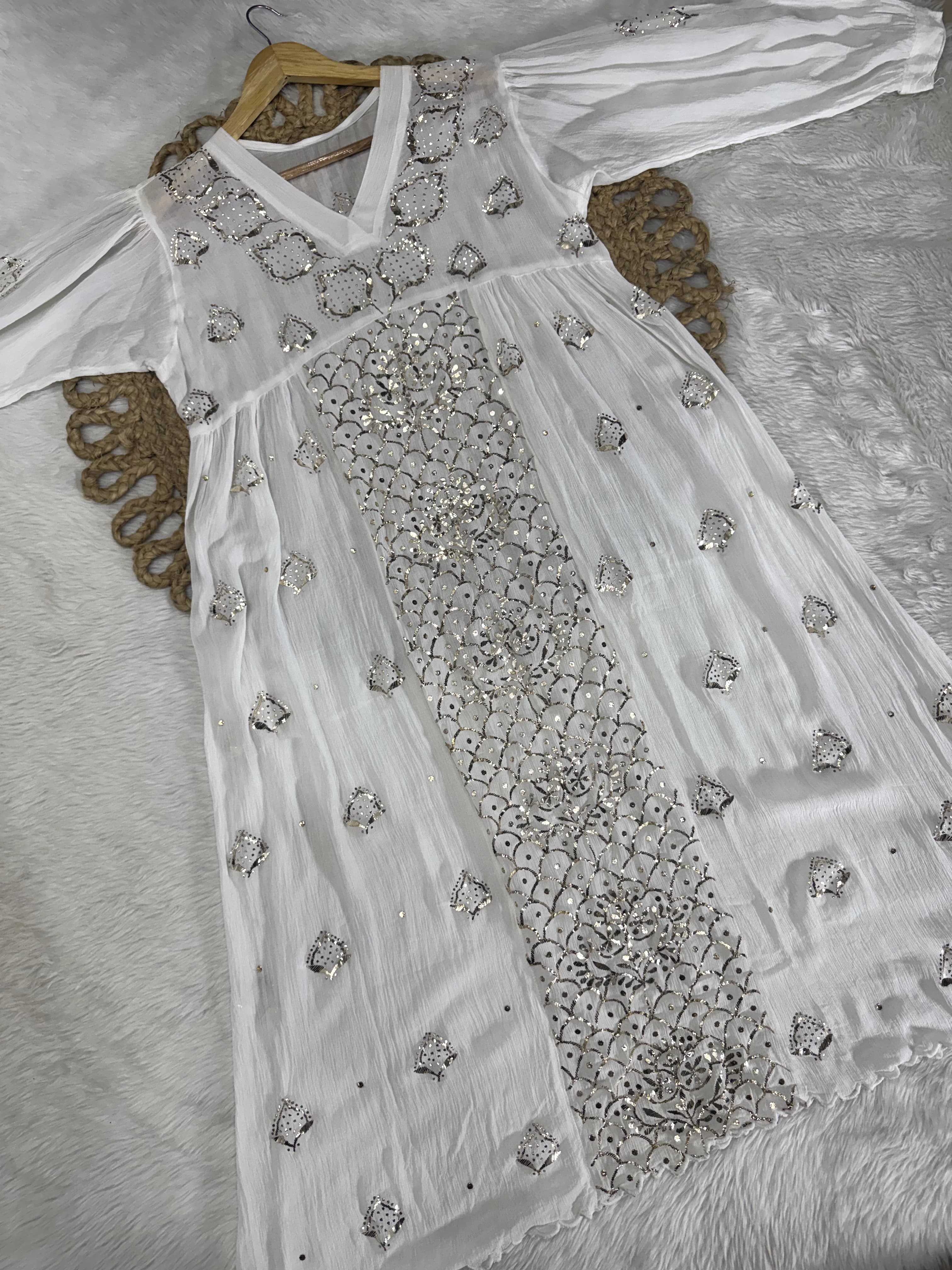 Snow White Long Frock With High Quality Mukaish Hand Crafted on Crape-Silk Fabric By Vintage Chikankari