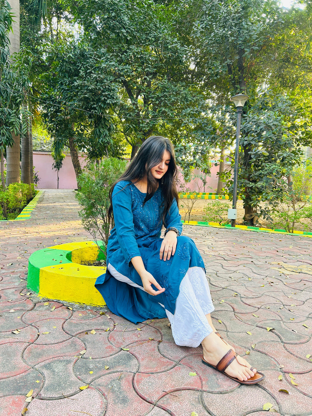 Blue Rayon Chikankari Mukaish Kurti with High Quality White Rayon Palazzo with Fine Chikankari And Mukaish Handwork