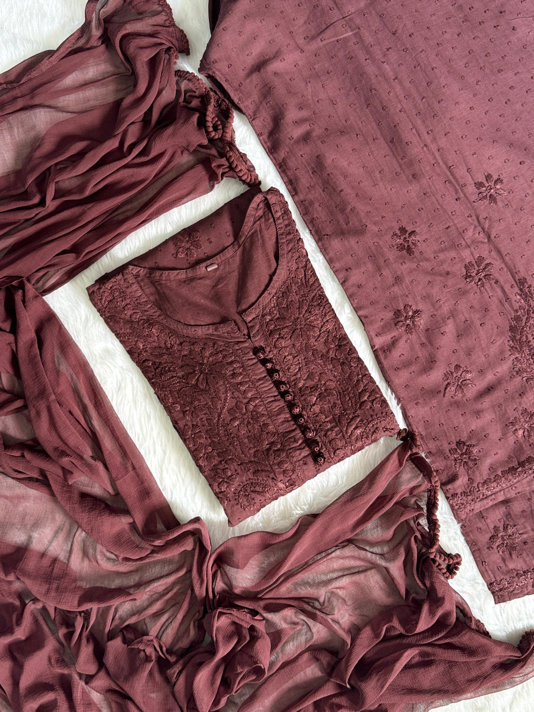 Dobby Cotton Lucknowi Chikankari Kurti Palazzo Dupatta Set with Fine Handwork Chikankari and Dobby Dots Beauty